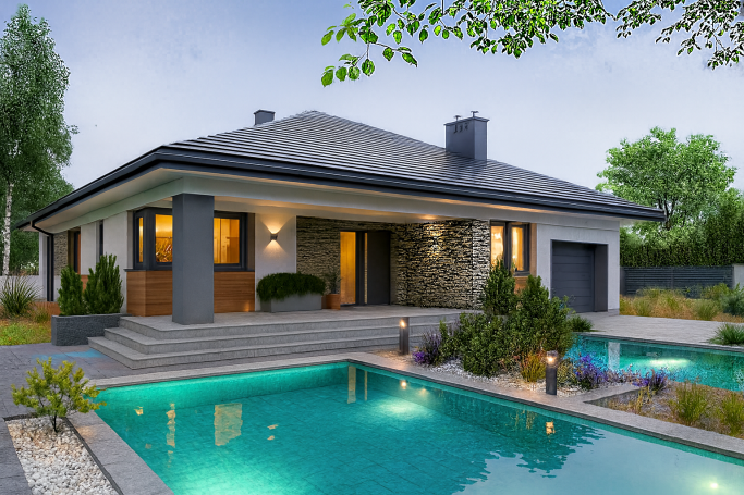 Casa moderna con piscina, jardín cuidado y iluminación suave al atardecer.
