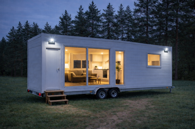Casa móvil iluminada al anochecer, rodeada de un paisaje arbolado.
