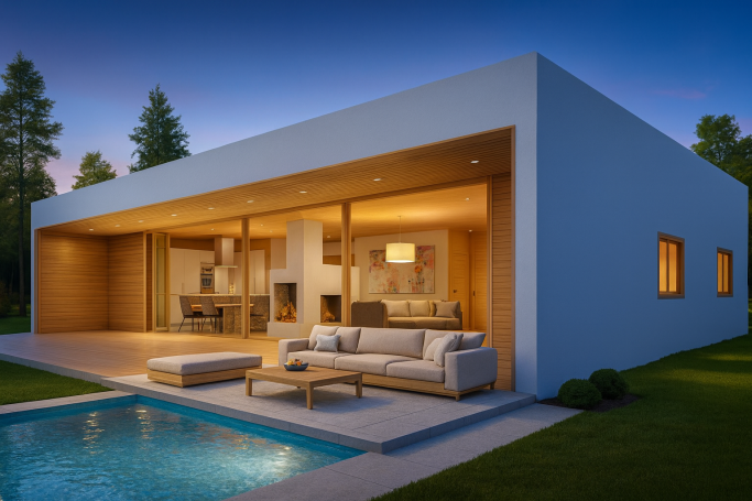 Casa moderna con piscina, grandes ventanales y un ambiente acogedor al atardecer.