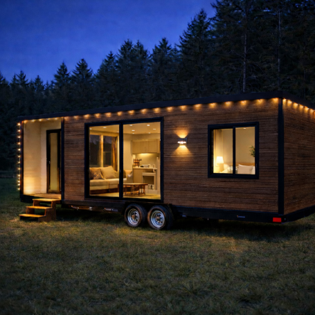 Casa móvil iluminada en un ambiente nocturno, rodeada de árboles.