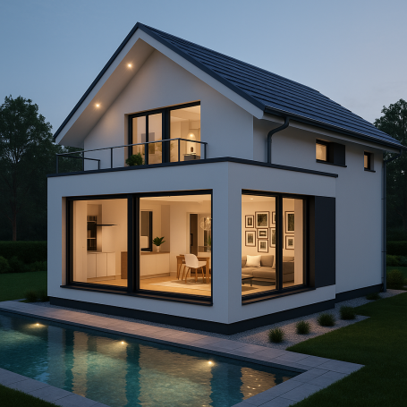 Casa moderna de dos pisos con piscina, iluminada al atardecer.