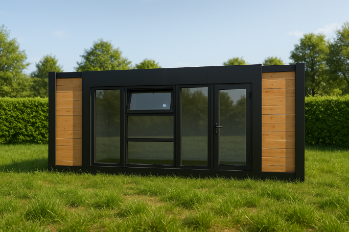 Modulo para oficina o un comercio, con paneles de madera y grandes ventanales, rodeada de césped.