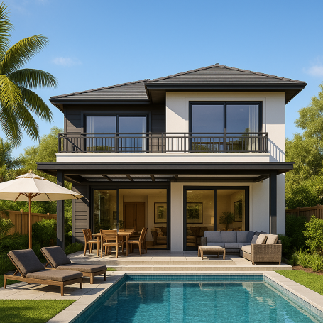 Casa moderna de dos pisos con piscina y mobiliario exterior en un entorno soleado.