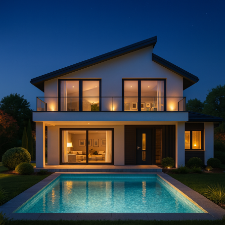 Casa moderna iluminada con piscina al atardecer y jardín verde.